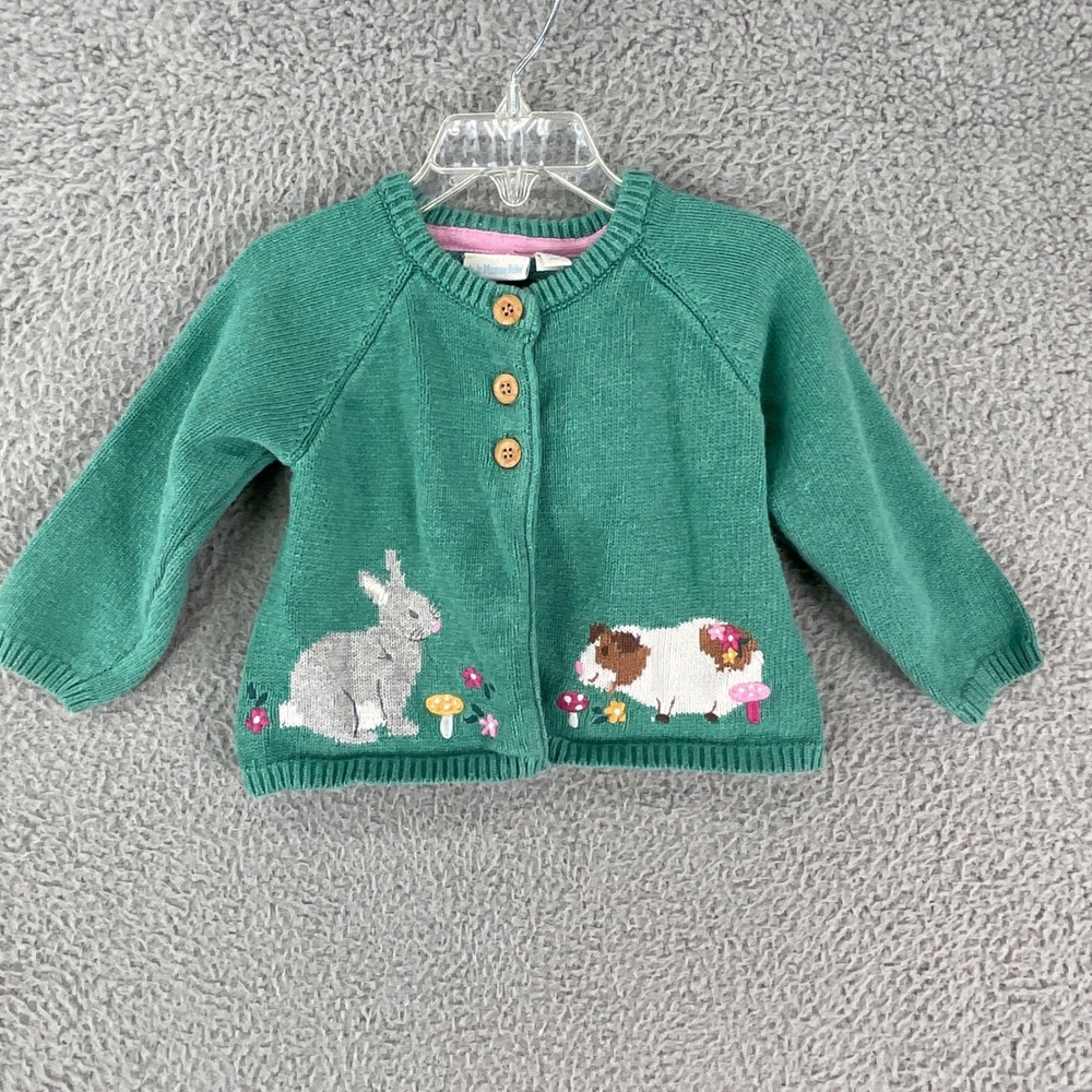 JoJo Maman Bebe Cardigan Kids 18-24M Green Bunny Guinea Pig Knit Sweater